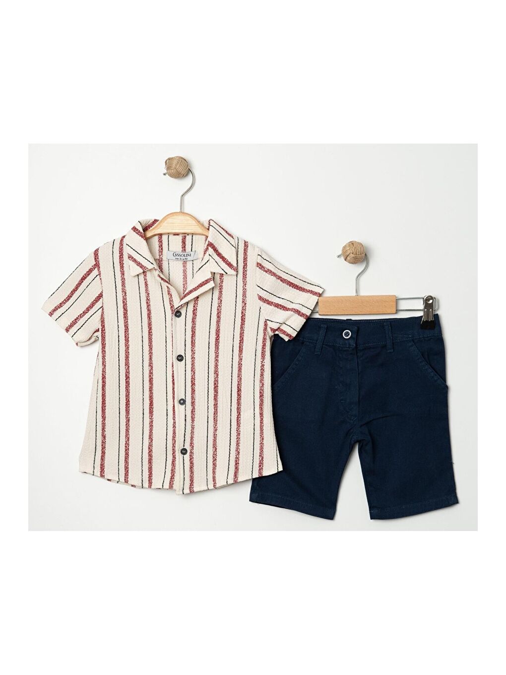 Bordo Tarz Gömlekli Çizgili Belden Ayarlanabilir Kısa Kollu Şortlu 2'li Takım-3