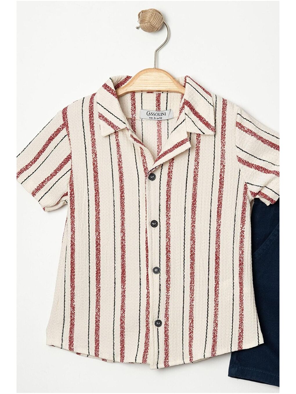 Bordo Tarz Gömlekli Çizgili Belden Ayarlanabilir Kısa Kollu Şortlu 2'li Takım-4