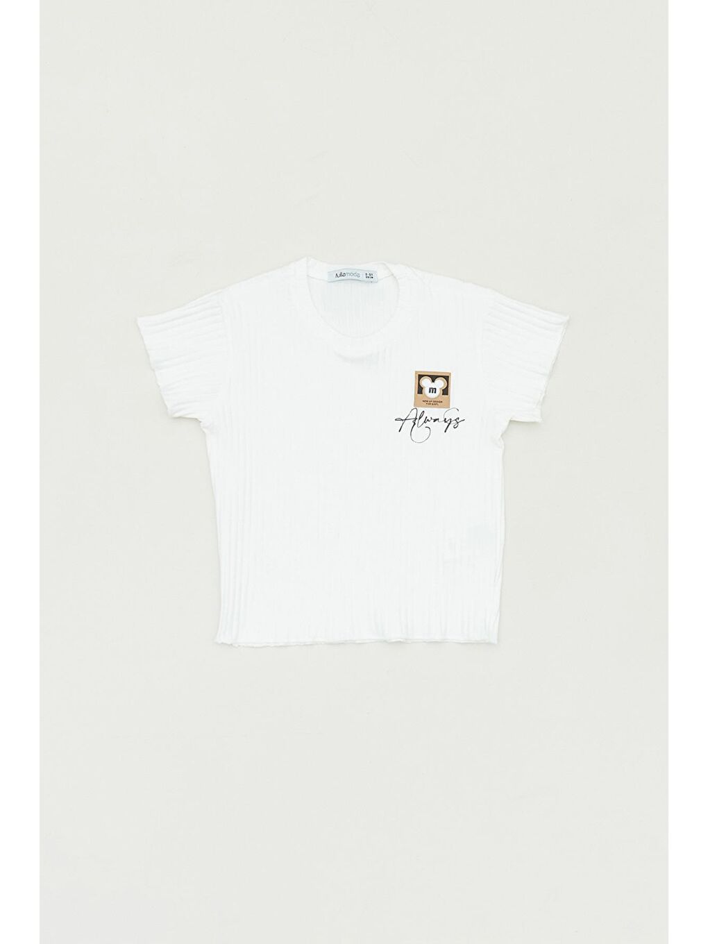 Ekru Kabartma Baskılı Bisiklet Yaka Kız Çocuk Tişört