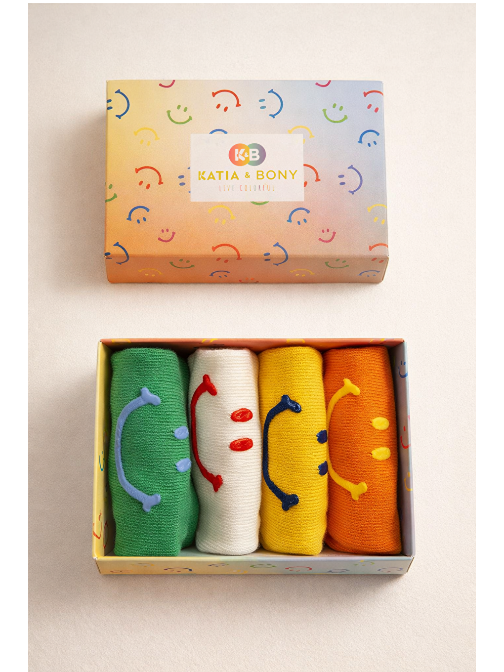 Karışık Kadın 4'Lü Gülen Yüz Desenli Kutulu Görünmez Babet Çorap-1