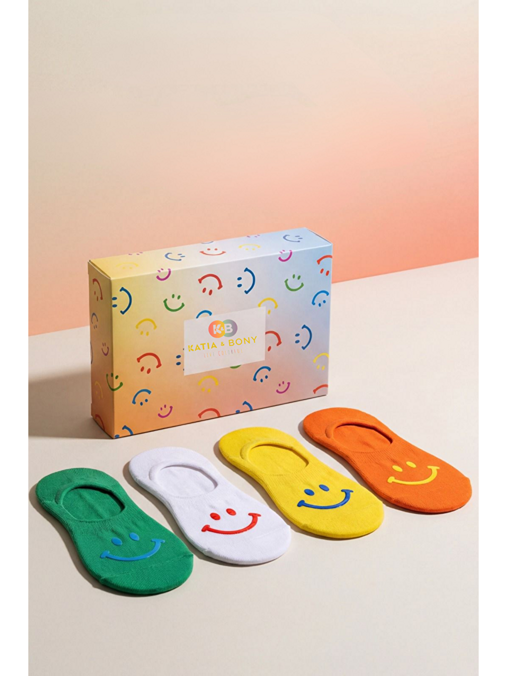 Karışık Kadın 4'Lü Gülen Yüz Desenli Kutulu Görünmez Babet Çorap-2