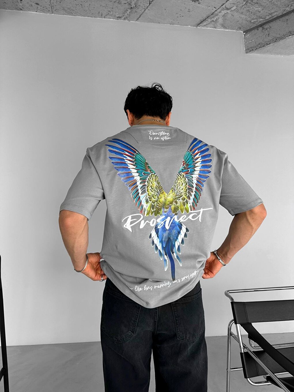 Erkek Oversize 'Everything İs An Option' Nakışlı %100 Pamuk Tişört Gri