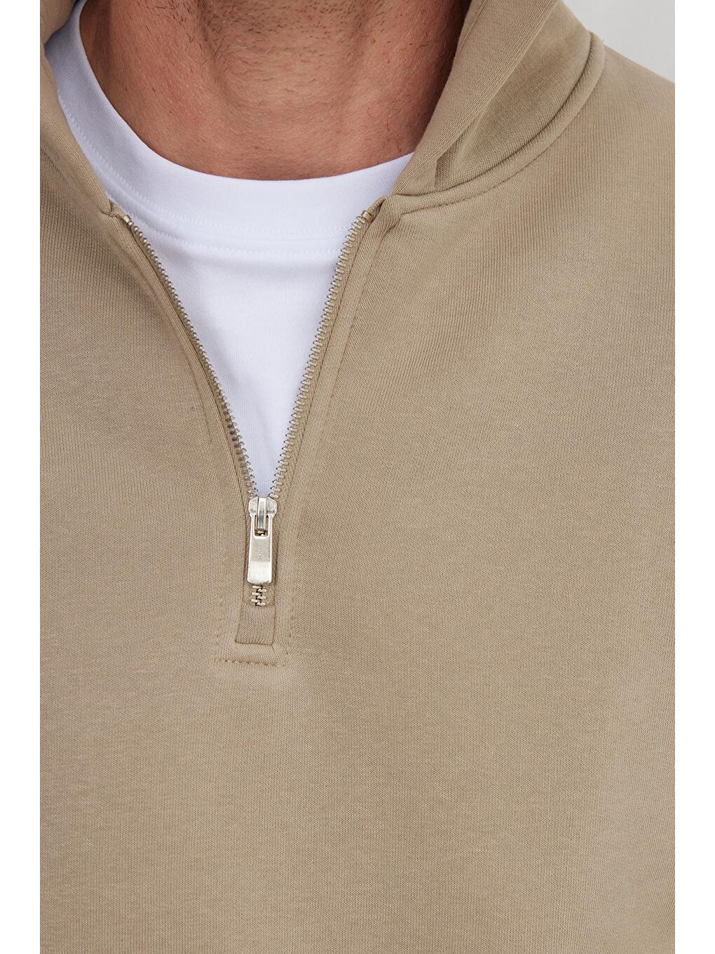 Bej Unisex Relax Fit Rahat Kesim Pamuklu İçi Polarlı Yarım Fermuarlı Gri Kapüşonlu Sweatshirt-2