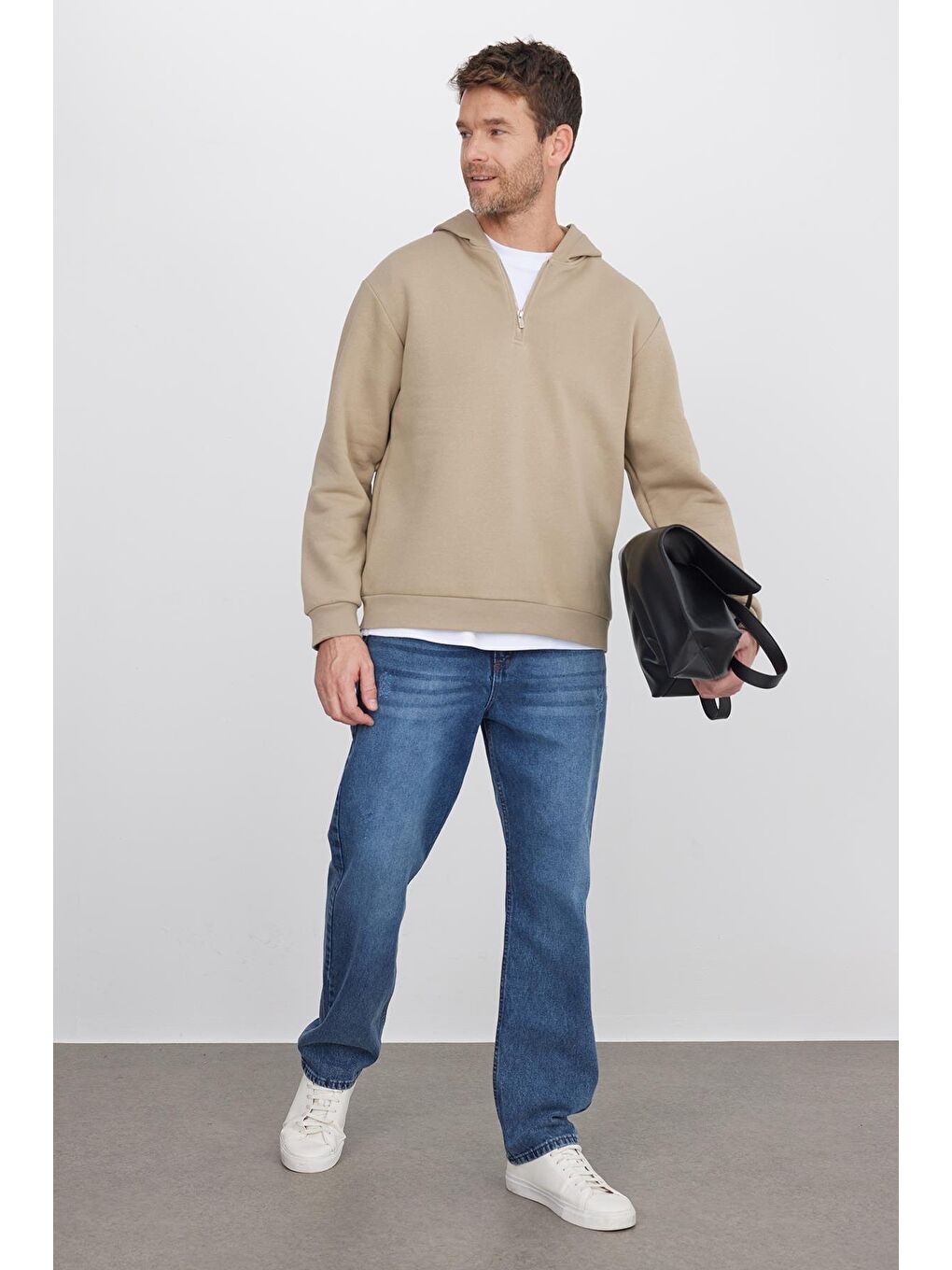 Bej Unisex Relax Fit Rahat Kesim Pamuklu İçi Polarlı Yarım Fermuarlı Gri Kapüşonlu Sweatshirt-3