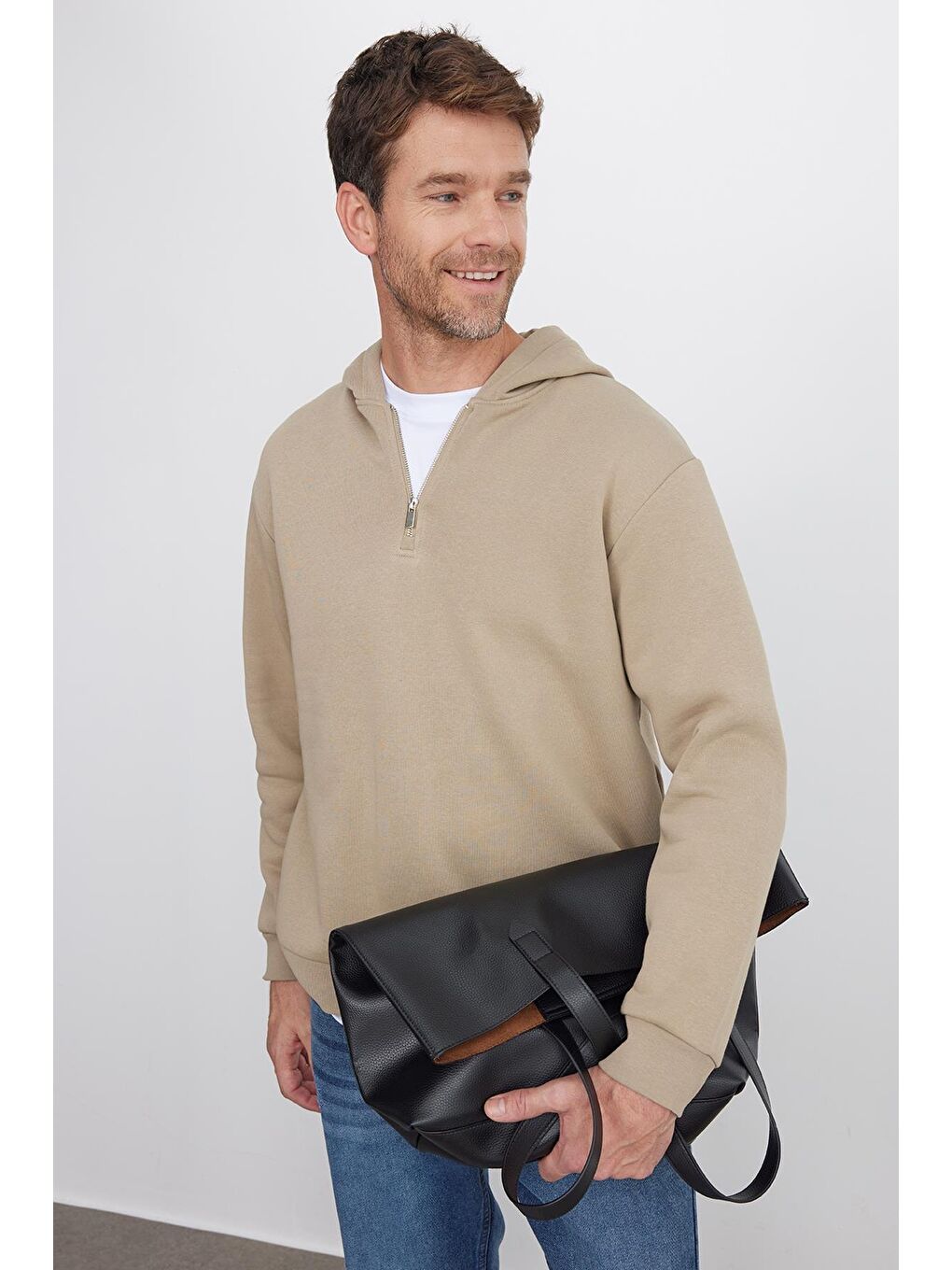 Bej Unisex Relax Fit Rahat Kesim Pamuklu İçi Polarlı Yarım Fermuarlı Gri Kapüşonlu Sweatshirt-4