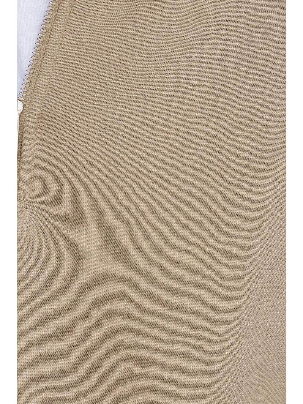 Bej Unisex Relax Fit Rahat Kesim Pamuklu İçi Polarlı Yarım Fermuarlı Gri Kapüşonlu Sweatshirt-5