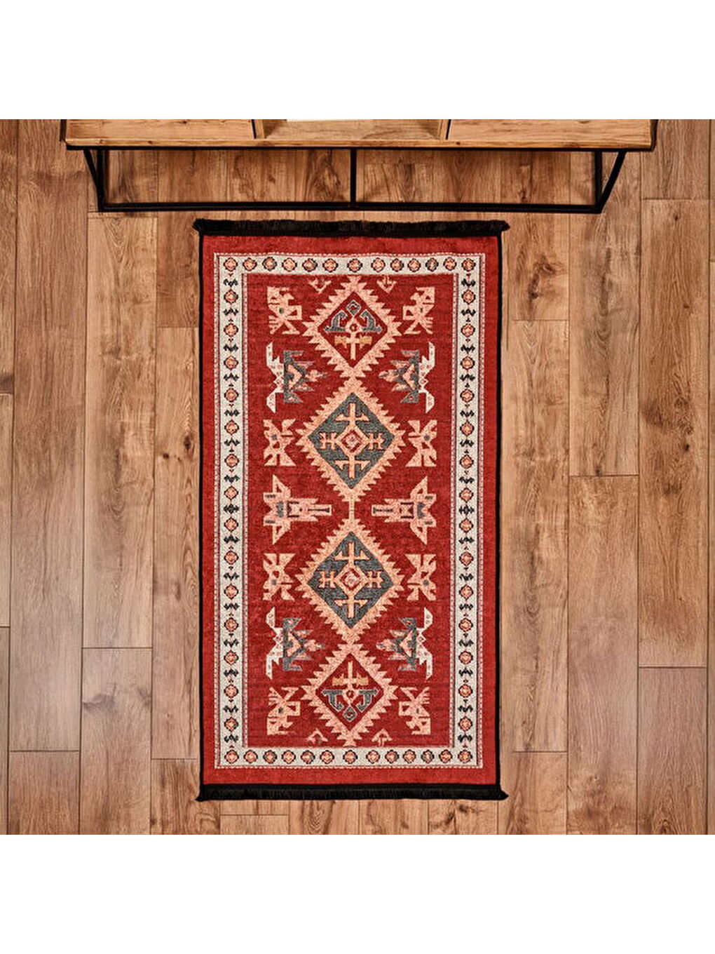 Gri Soft Uşak Eşme Desenli Halı - Kırmızı - 80x150 cm-3
