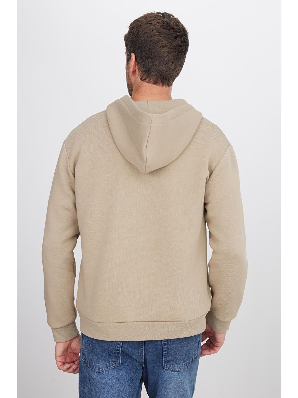 Bej Unisex Relax Fit Rahat Kesim Pamuklu İçi Polarlı Yarım Fermuarlı Gri Kapüşonlu Sweatshirt-6