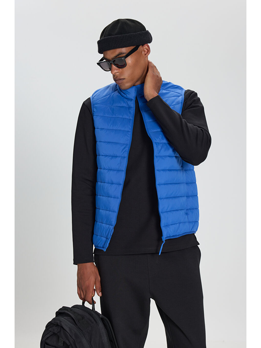 Erkek İndigo Rüzgar Geçirmez Taşınabilir Çantalı Sıcak Tutan Elyaf Dolgulu Ultra Hafif Standart Fit Şişme Yelek-2