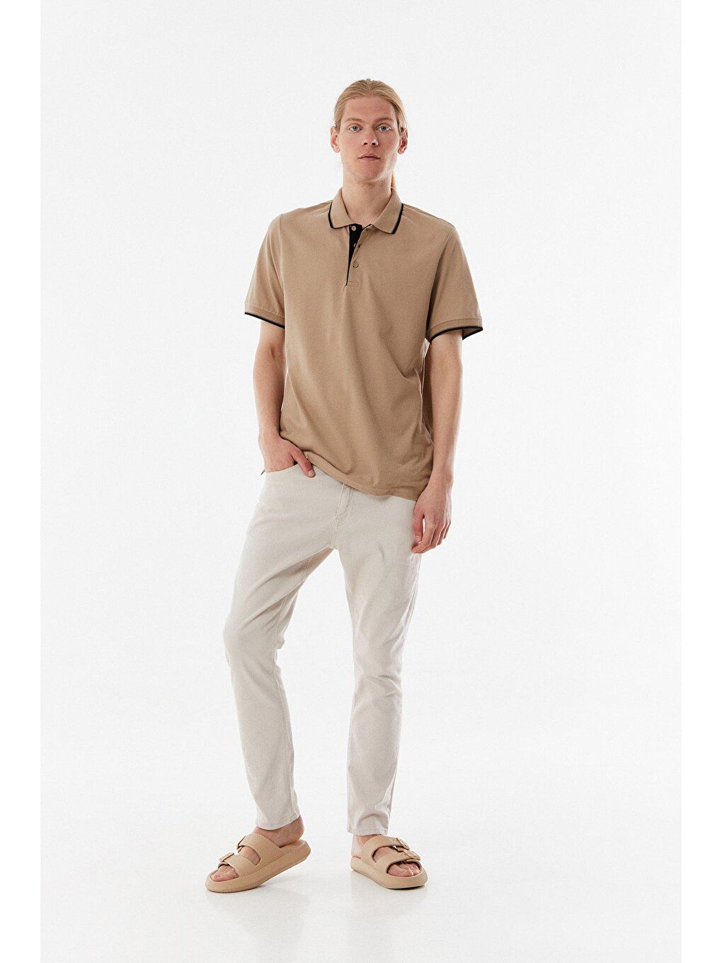 Bej Yakası Çizgili Polo Yaka  Tişört-2