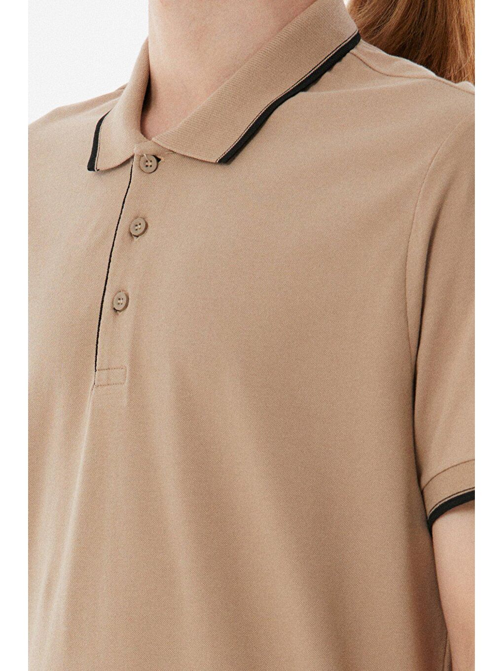Bej Yakası Çizgili Polo Yaka  Tişört-4