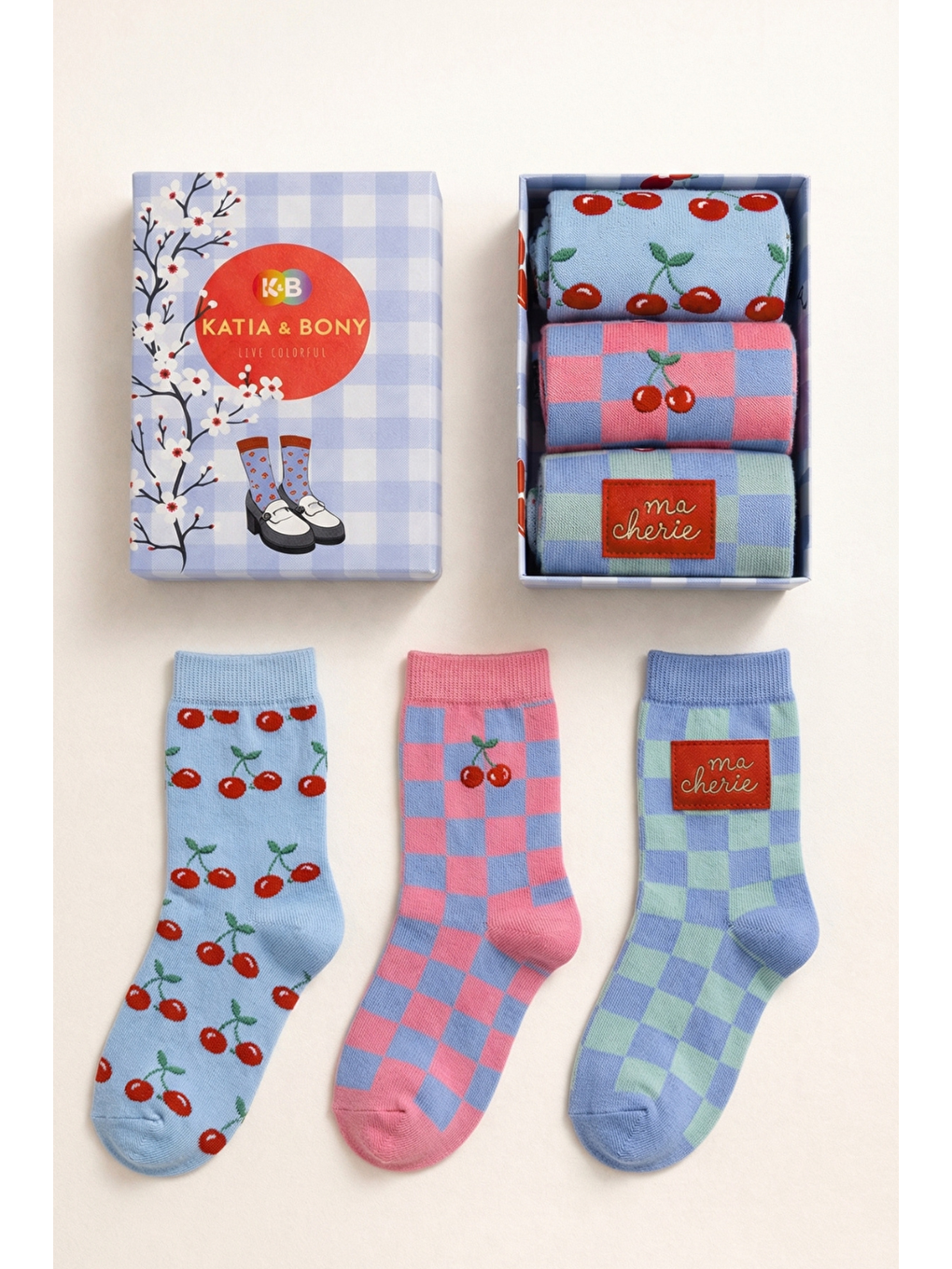 Karışık Kadın 3'Lü Kiraz Desenli Kutulu Soket Çorap
