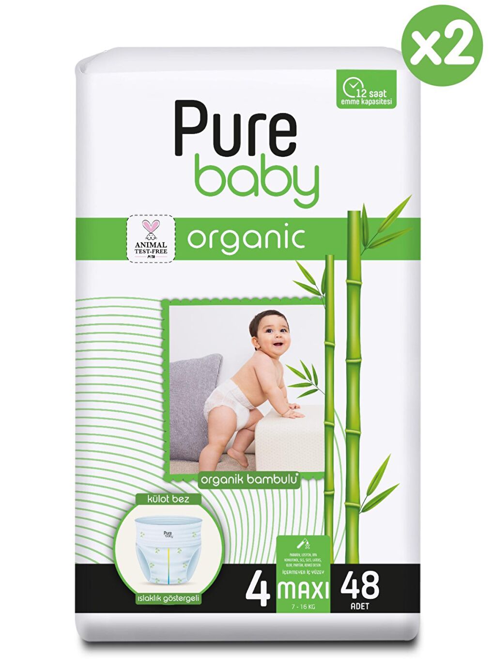 Pure Baby Renksiz Organik Bambu Özlü Külot Bez 2'li Paket 4 Numara Maxi 96 Adet - 1