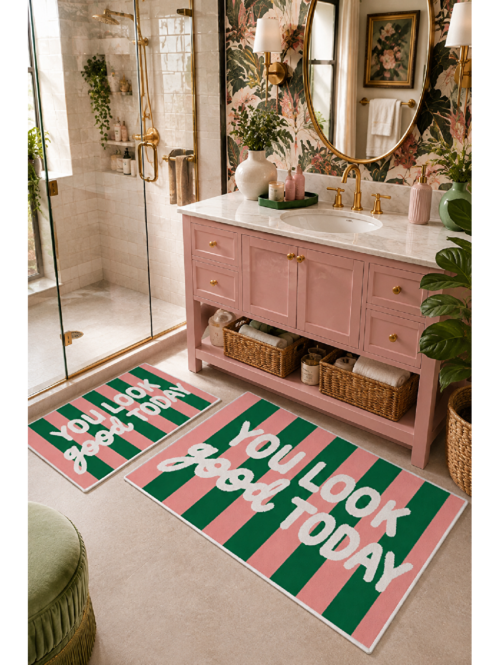 Pembe Yeşil You Look So Good Yazılı Banyo Paspası 2’li Set