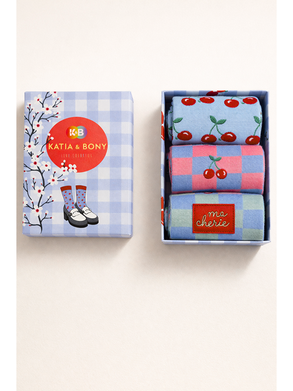 Karışık Kadın 3'Lü Kiraz Desenli Kutulu Soket Çorap-1