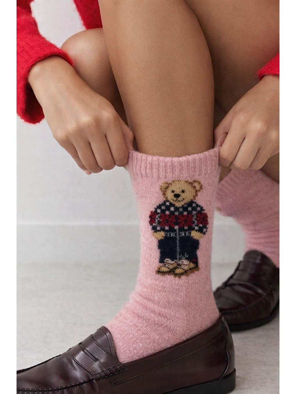 Kadın Teddy Desenli Yün Soket Çorap Pembe