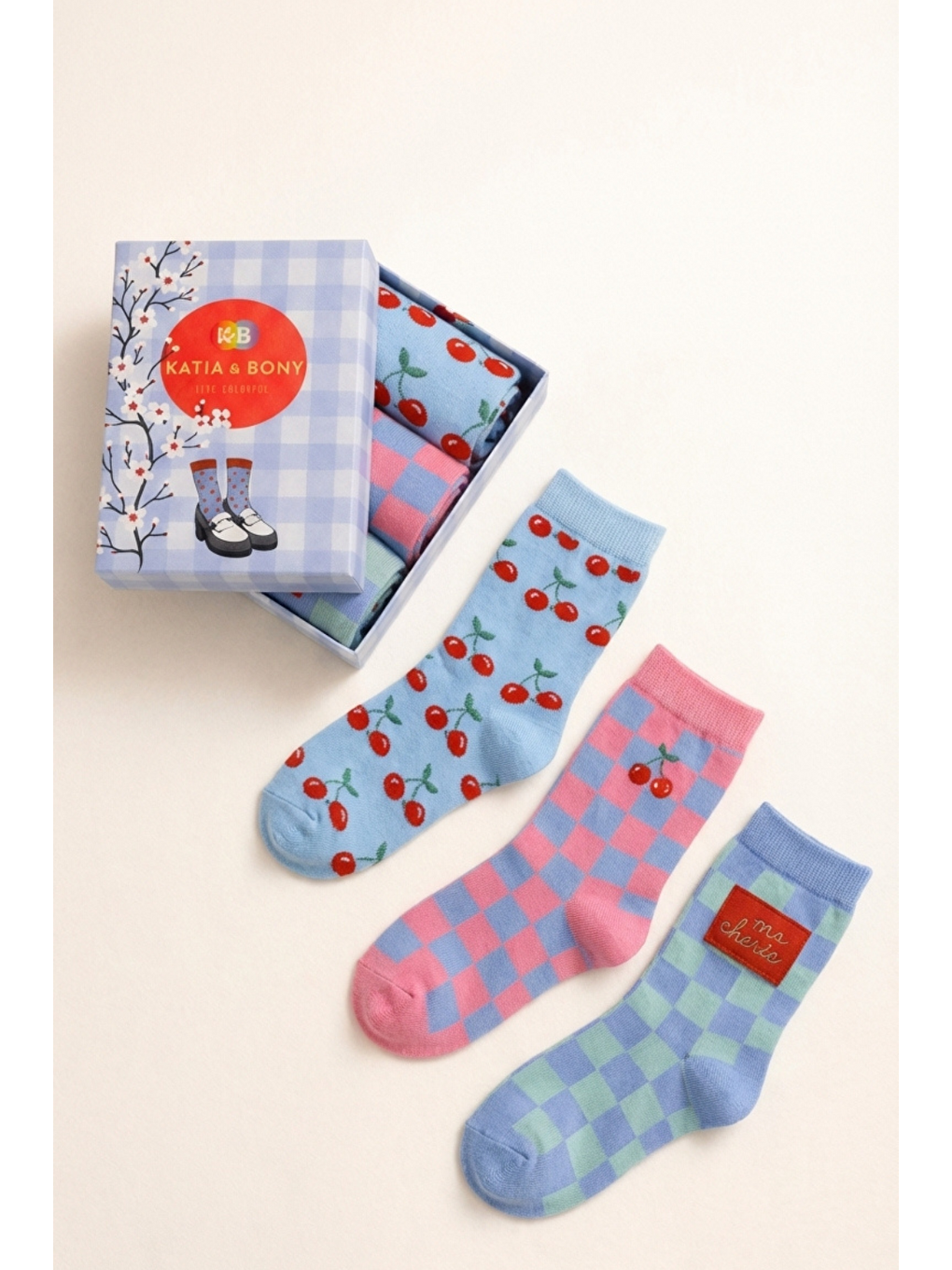 Karışık Kadın 3'Lü Kiraz Desenli Kutulu Soket Çorap-3