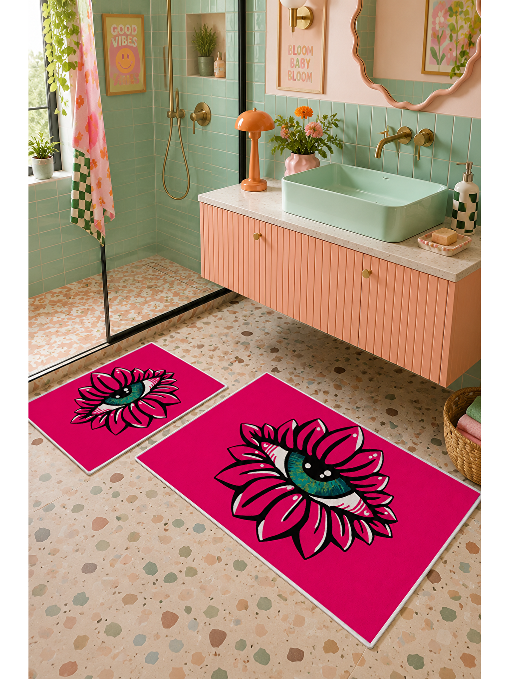 Fuşya Çiçek Desenli Kaymaz Taban Banyo Paspası 2’li Set