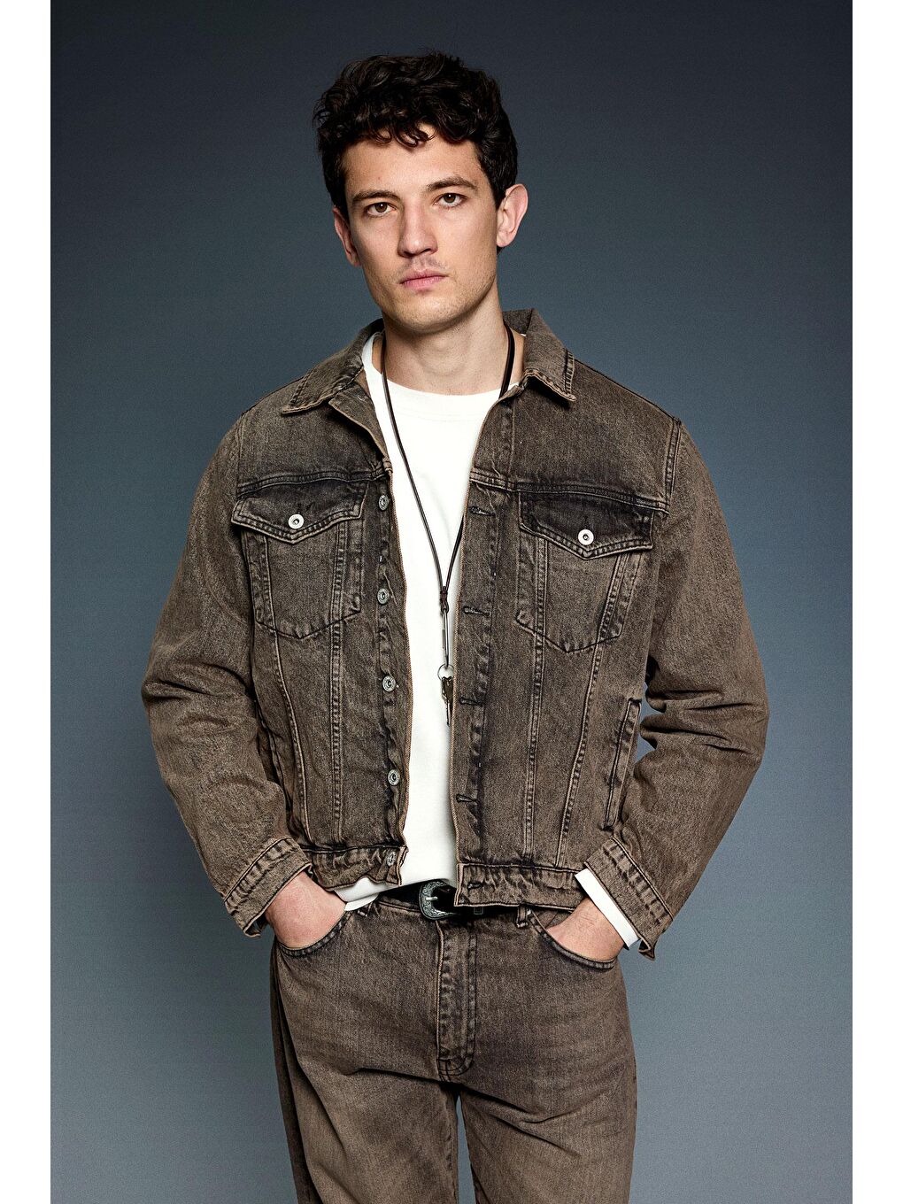 Erkek Boxy Fit Yıkamalı Denim Ceket Kahverengi