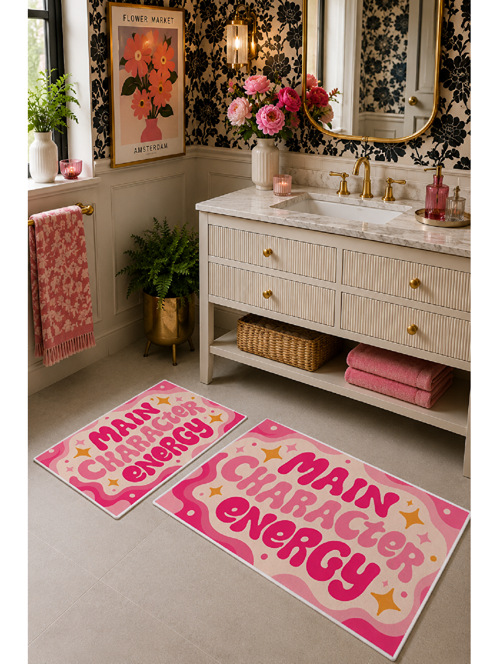 Pembe Sarı Main Character Energy Yazılı Banyo Paspası 2’li Set