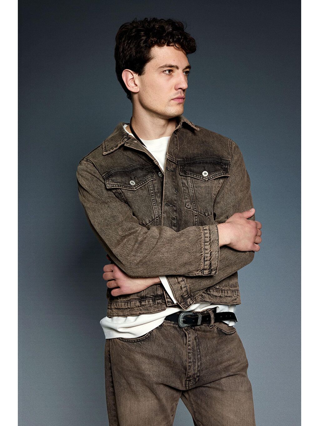 Erkek Boxy Fit Yıkamalı Denim Ceket Kahverengi-1