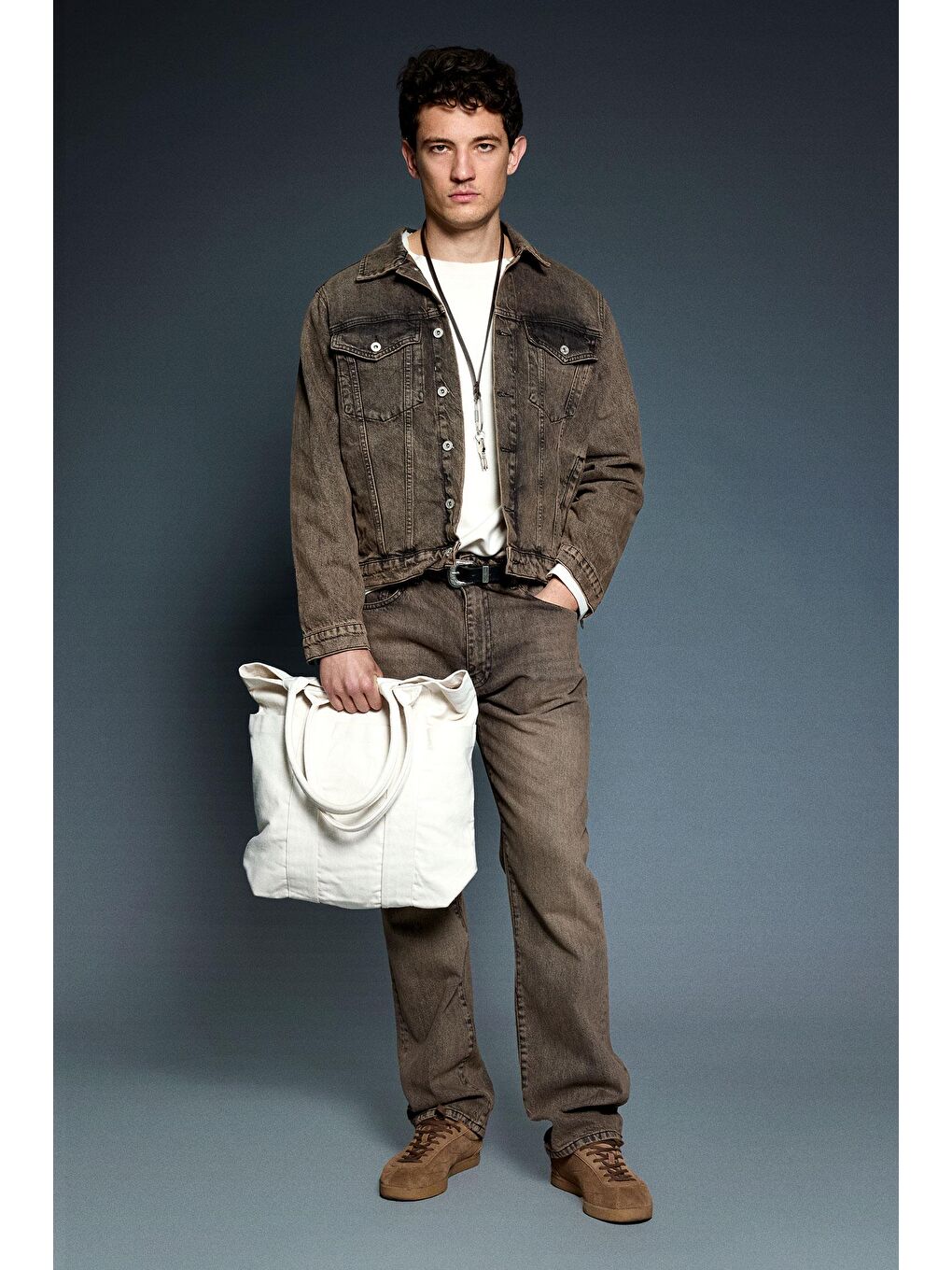 Erkek Boxy Fit Yıkamalı Denim Ceket Kahverengi-2