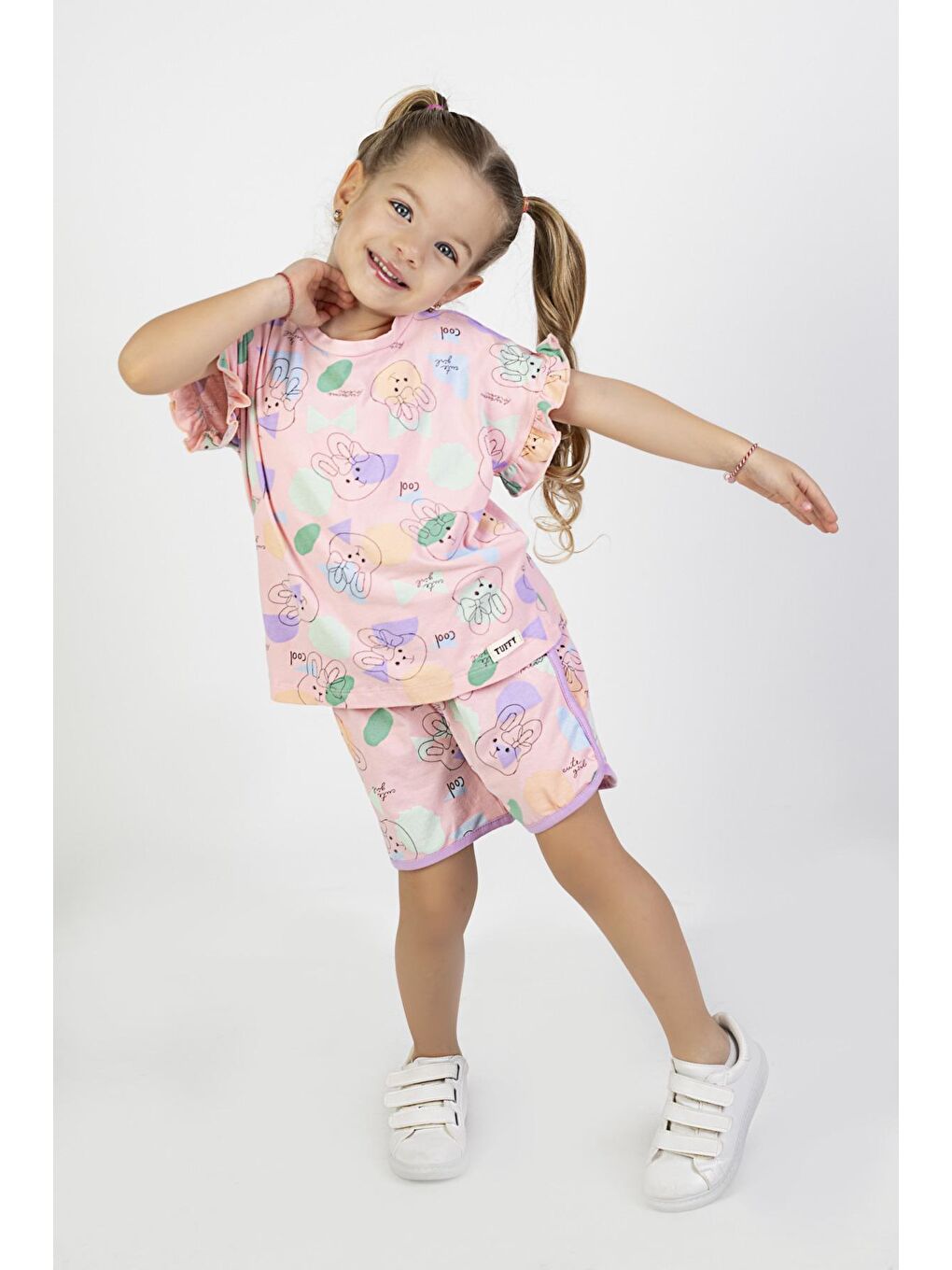 Pembe Kız Çocuk  Kısa Kollu Şortlu Tavşan Baskılı  Yazlık Basic Takım 2-5 yaş-1