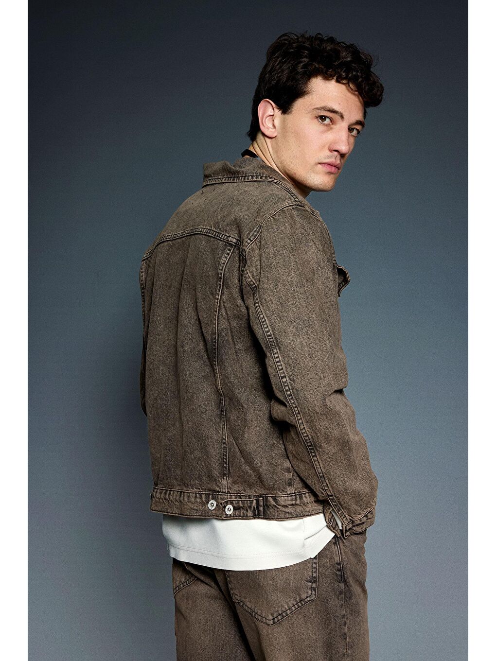Erkek Boxy Fit Yıkamalı Denim Ceket Kahverengi-3