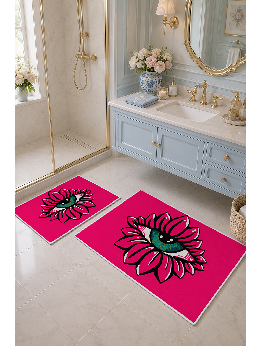 Fuşya Çiçek Desenli Kaymaz Taban Banyo Paspası 2’li Set-1