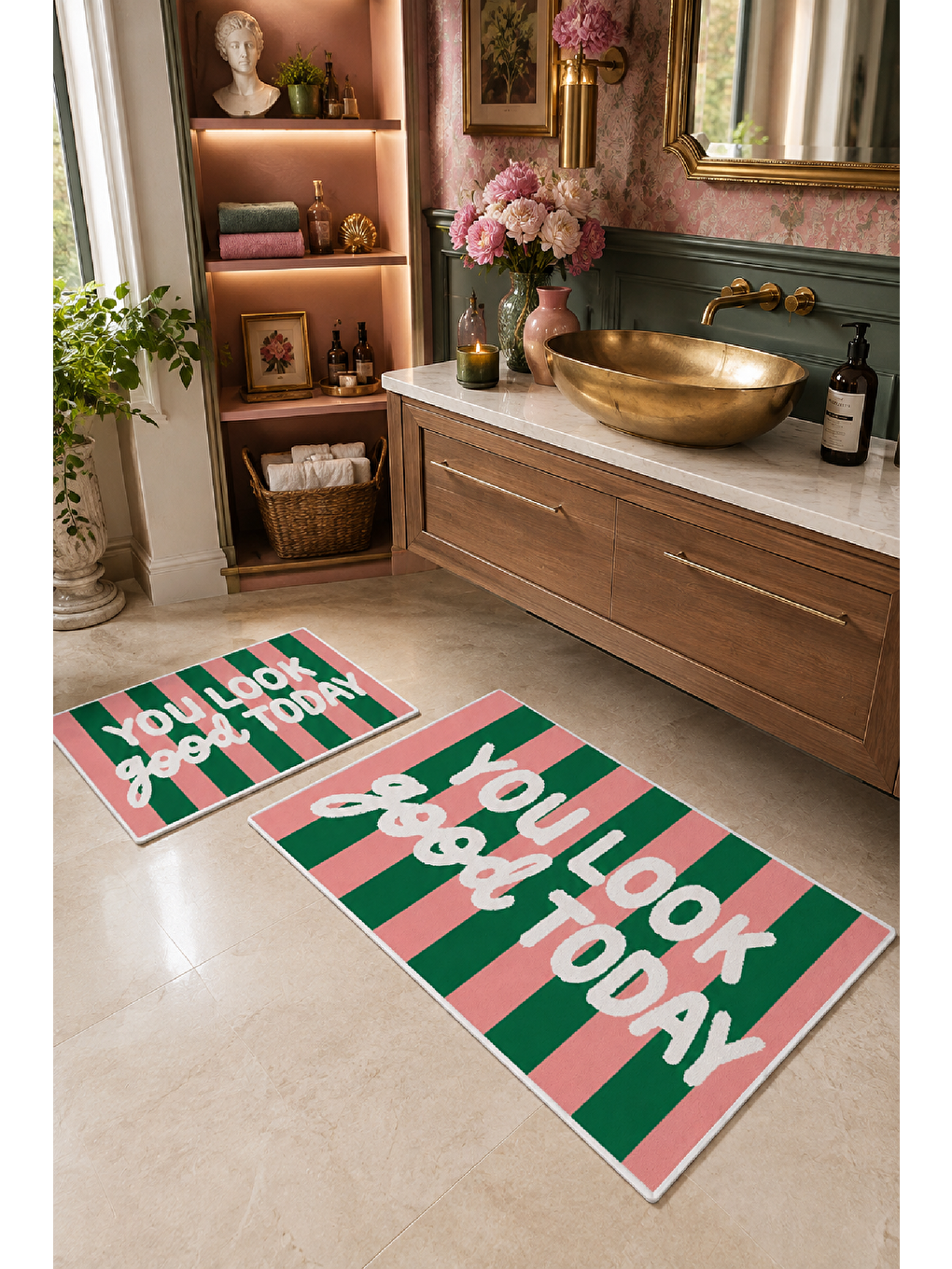 Pembe Yeşil You Look So Good Yazılı Banyo Paspası 2’li Set-2