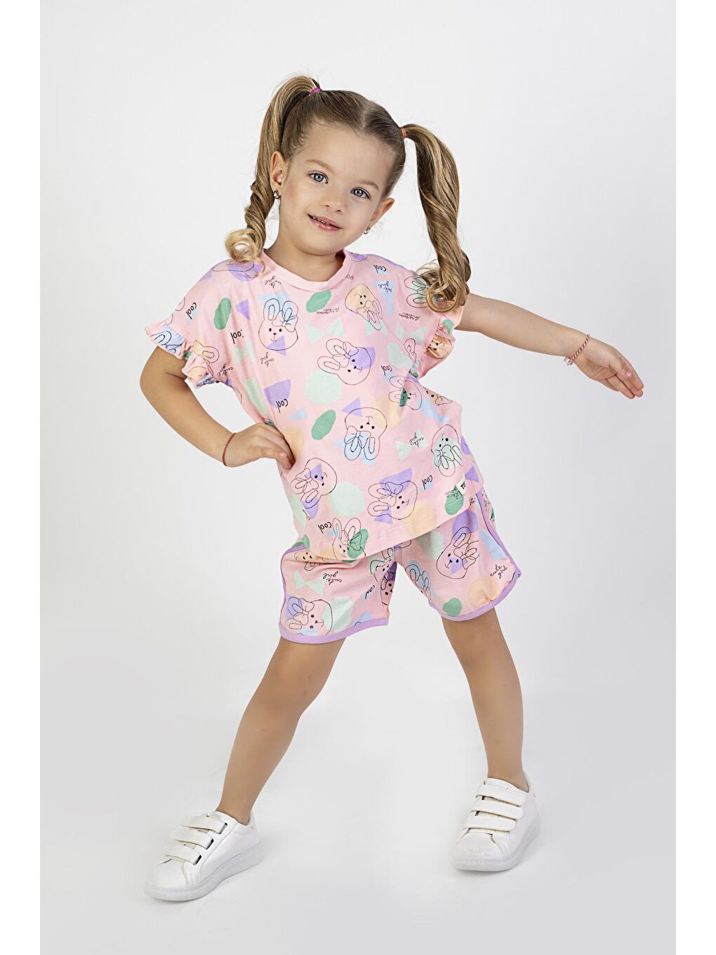 Pembe Kız Çocuk  Kısa Kollu Şortlu Tavşan Baskılı  Yazlık Basic Takım 2-5 yaş-3