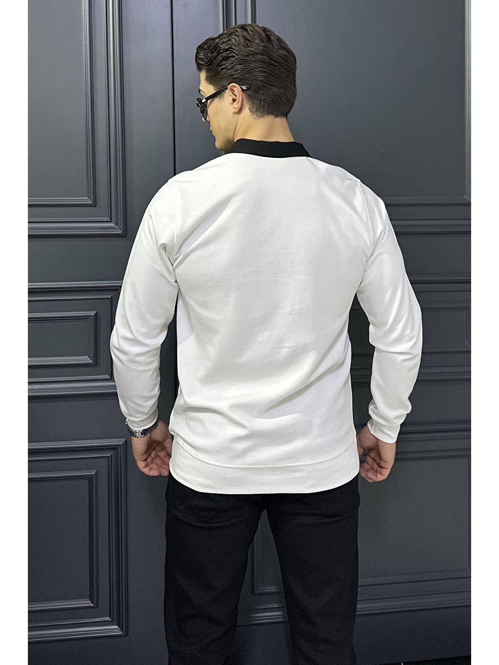 Beyaz Erkek Polo Yaka Yarım Fermuarlı Sweatshirt-2