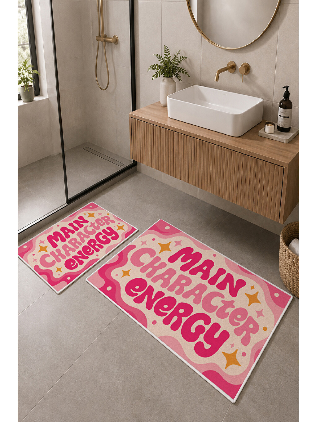 Pembe Sarı Main Character Energy Yazılı Banyo Paspası 2’li Set-1