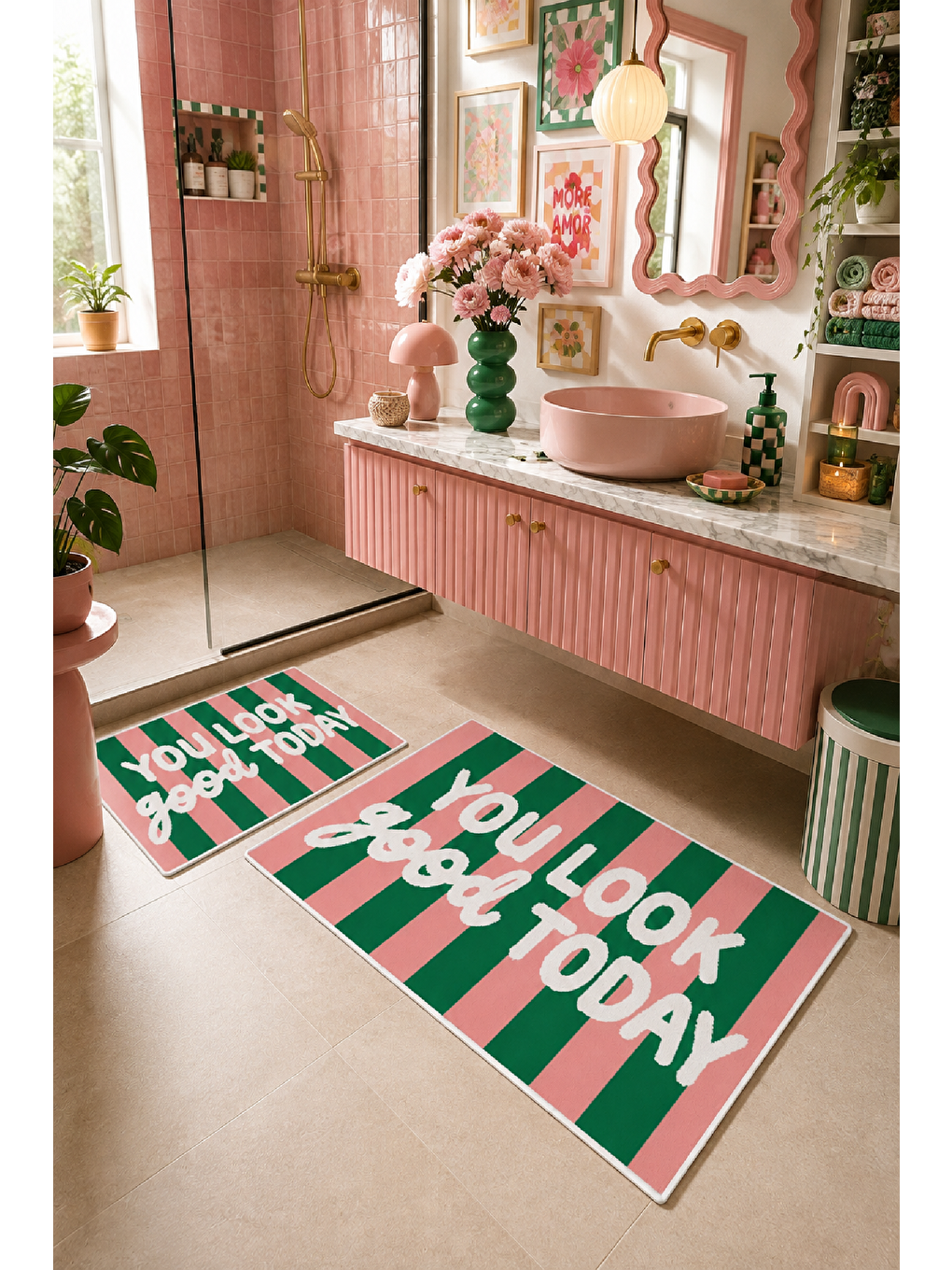 Pembe Yeşil You Look So Good Yazılı Banyo Paspası 2’li Set-3
