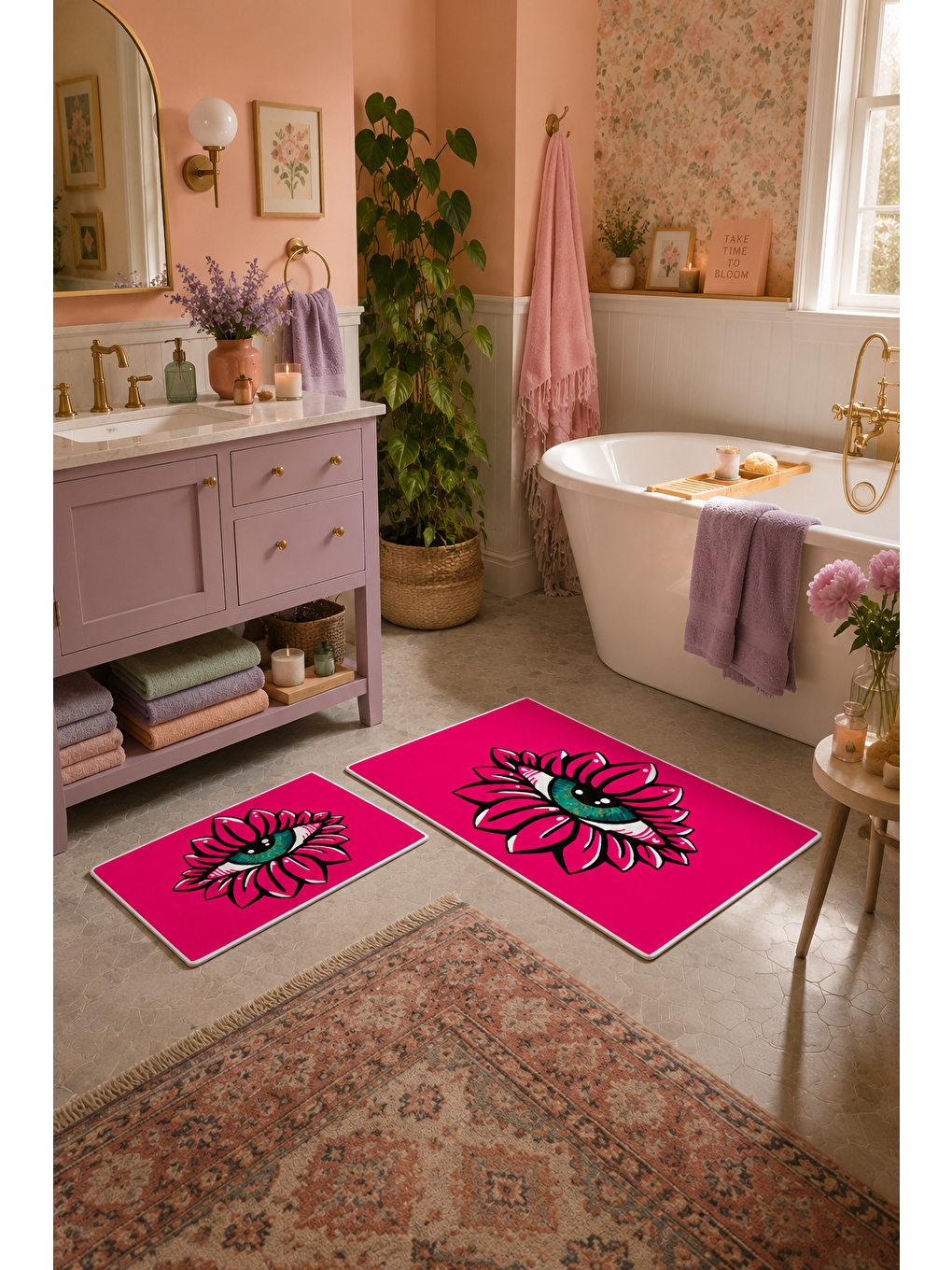Fuşya Çiçek Desenli Kaymaz Taban Banyo Paspası 2’li Set-2