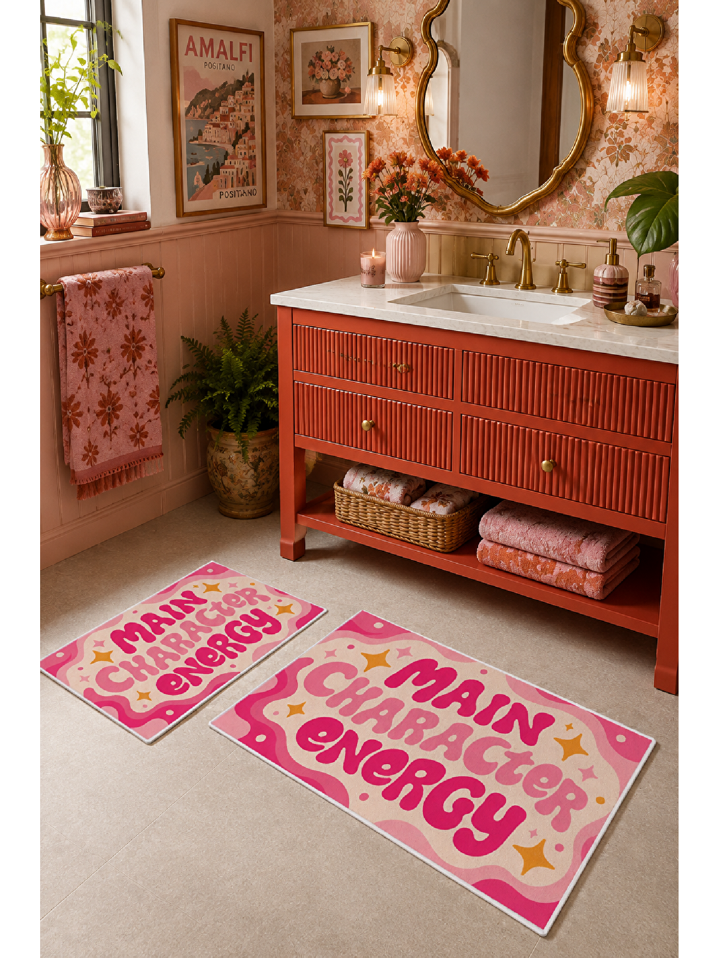 Pembe Sarı Main Character Energy Yazılı Banyo Paspası 2’li Set-2