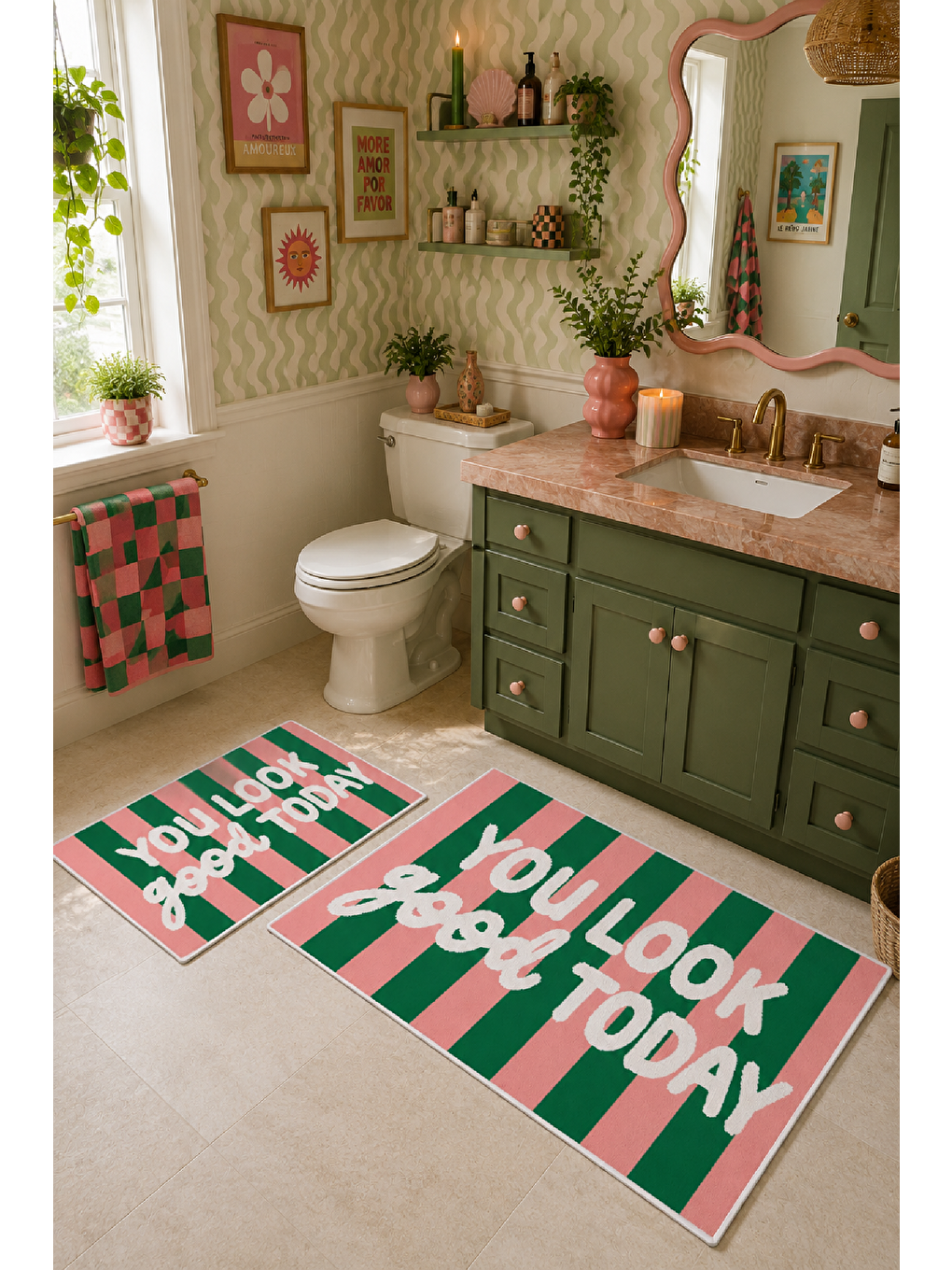 Pembe Yeşil You Look So Good Yazılı Banyo Paspası 2’li Set-4