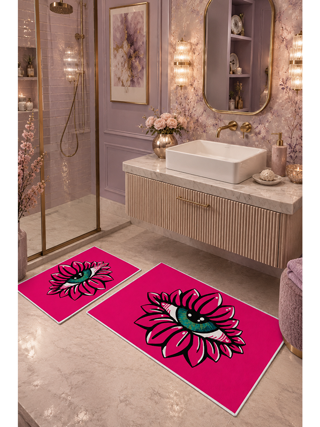 Fuşya Çiçek Desenli Kaymaz Taban Banyo Paspası 2’li Set-3