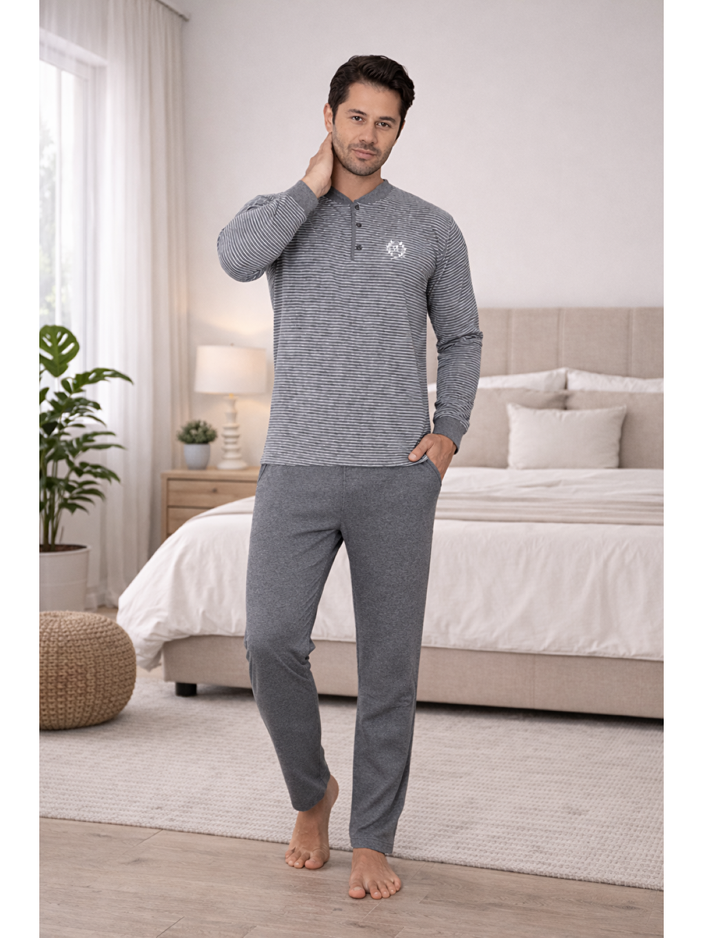 Antrasit PREMIUM Erkek %100 Doğal Pamuk Çizgili Yüksek Kalite Düğmeli Sıfır Yaka Cepli Pijama Takımı-3
