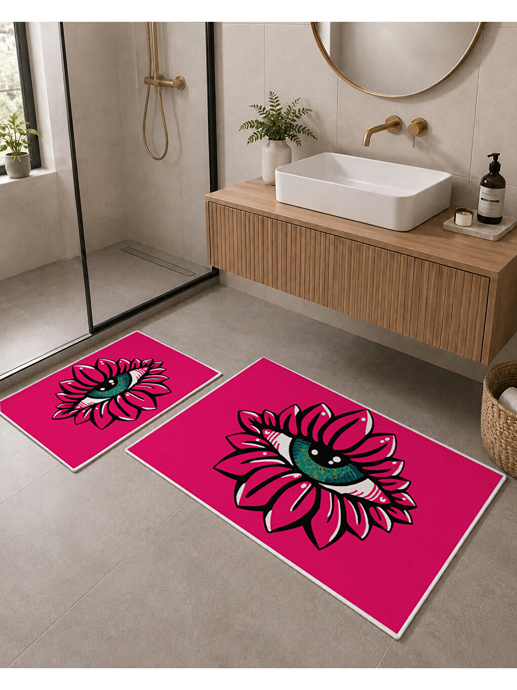 Fuşya Çiçek Desenli Kaymaz Taban Banyo Paspası 2’li Set-4