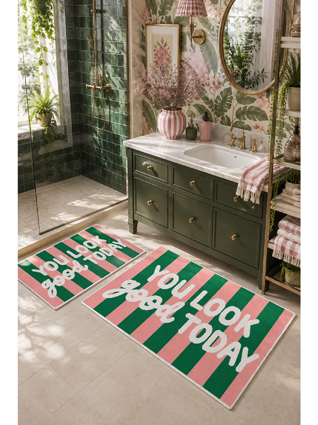 Pembe Yeşil You Look So Good Yazılı Banyo Paspası 2’li Set-5