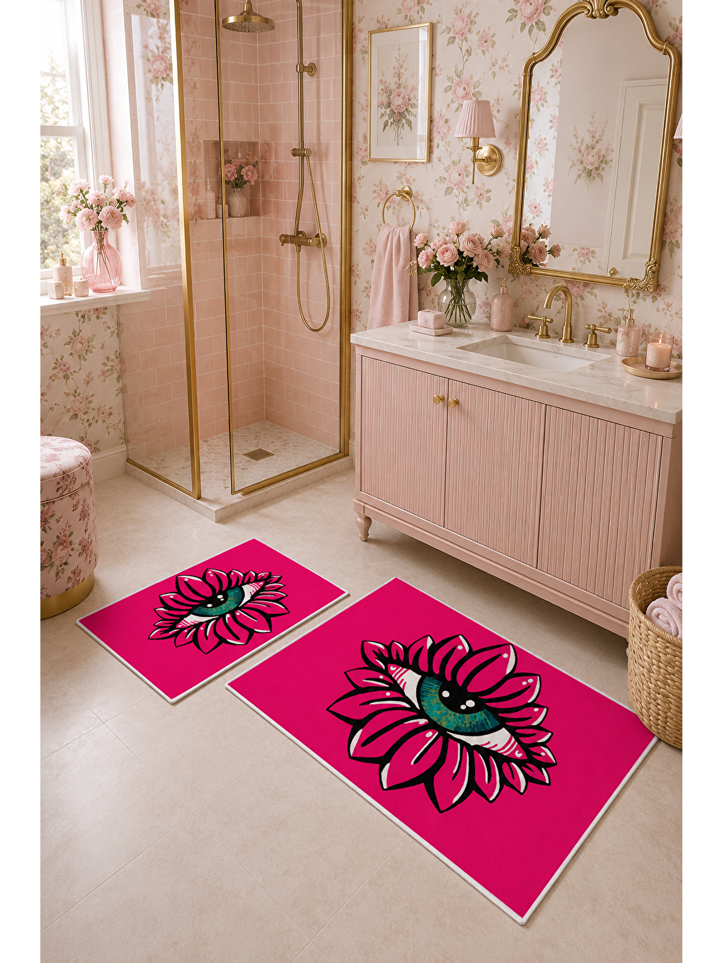 Fuşya Çiçek Desenli Kaymaz Taban Banyo Paspası 2’li Set-5