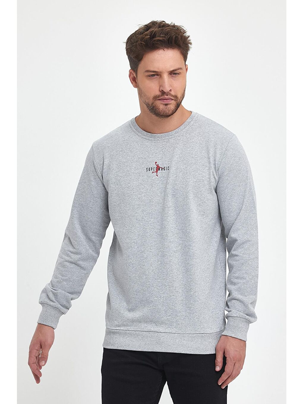 MMETALIC Gri Erkek Supermagic Göğüs Baskılı Basic Sweatshirt - 1