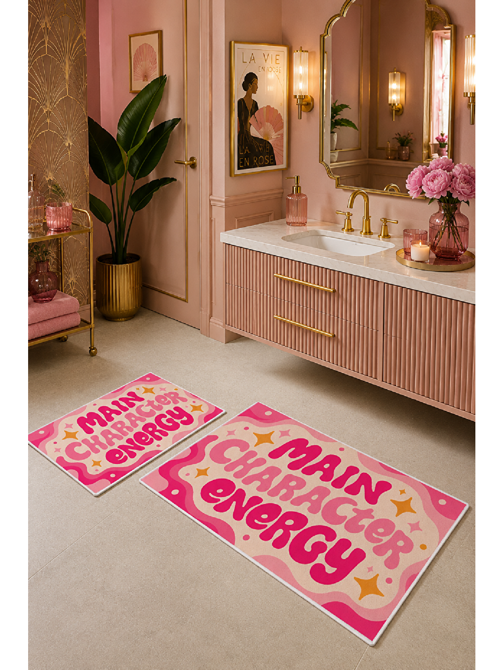 Pembe Sarı Main Character Energy Yazılı Banyo Paspası 2’li Set-4