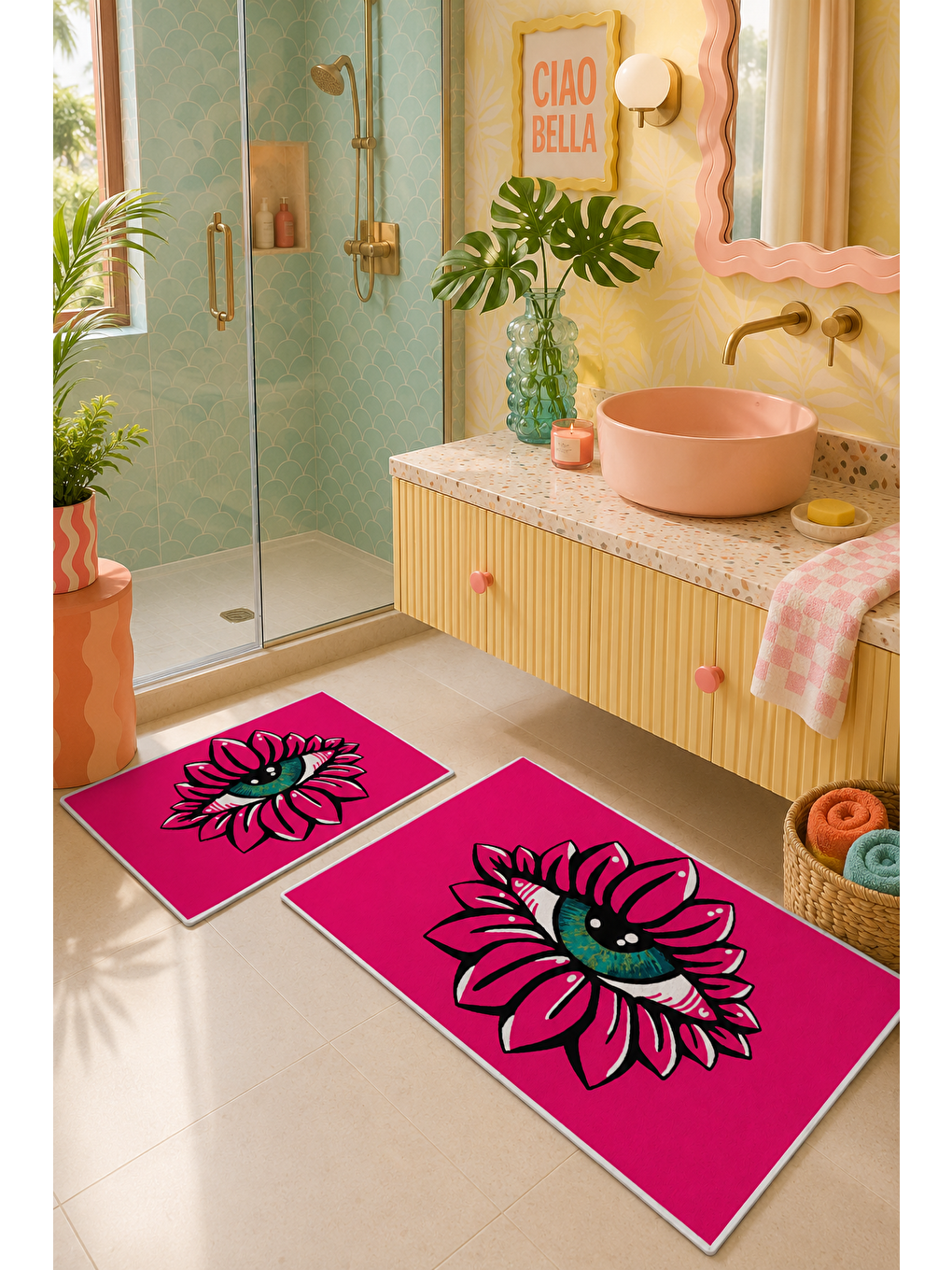 Fuşya Çiçek Desenli Kaymaz Taban Banyo Paspası 2’li Set-6