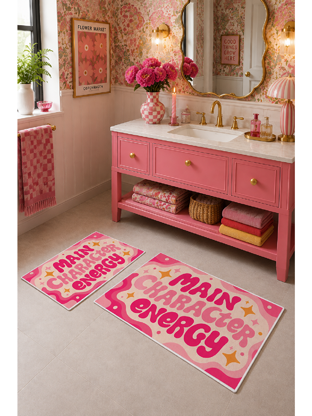 Pembe Sarı Main Character Energy Yazılı Banyo Paspası 2’li Set-5