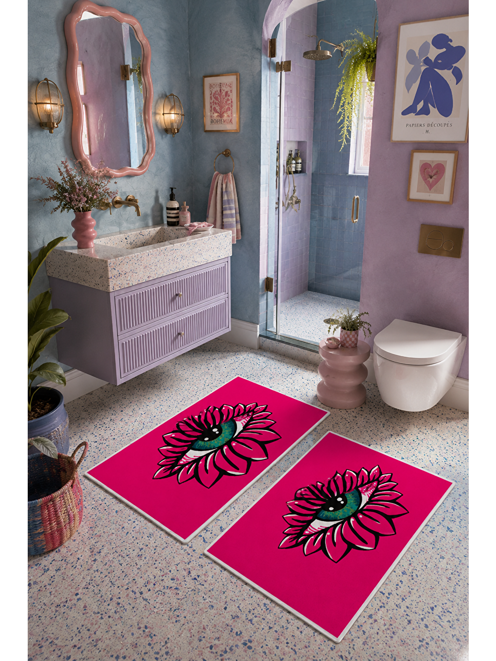 Fuşya Çiçek Desenli Kaymaz Taban Banyo Paspası 2’li Set-7