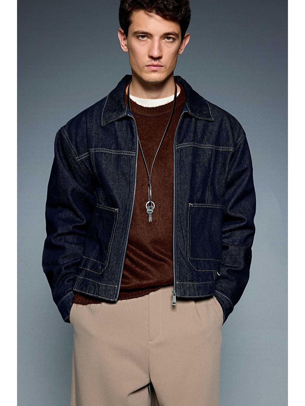 Erkek Oversize Fermuarlı Denim Ceket Lacivert