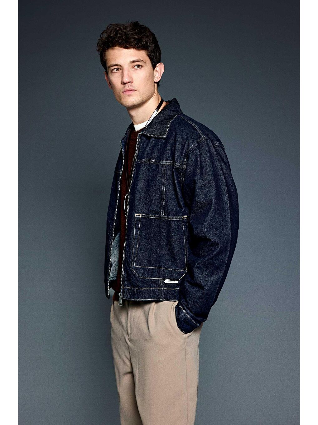 Erkek Oversize Fermuarlı Denim Ceket Lacivert-1