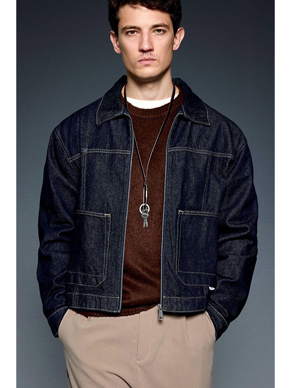 Erkek Oversize Fermuarlı Denim Ceket Lacivert-2